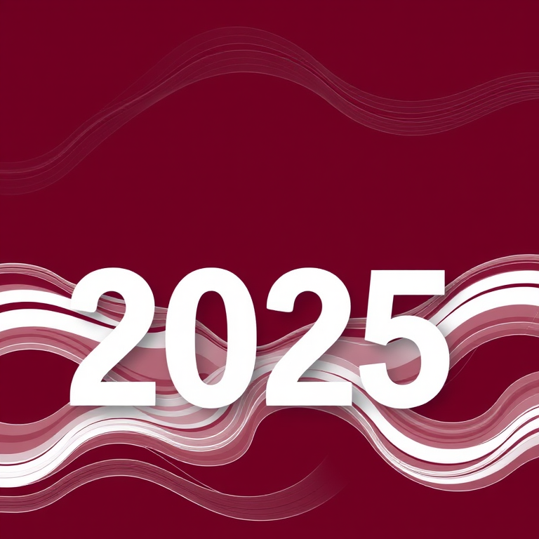 Generate a modern digital artwork featuring the year 2025 with flowing wave-like patterns in white on a deep burgundy background, captured with a Canon EOS R5, 50mm lens, f/1.8 aperture, ISO 100, and high dynamic range to enhance details and contrast.