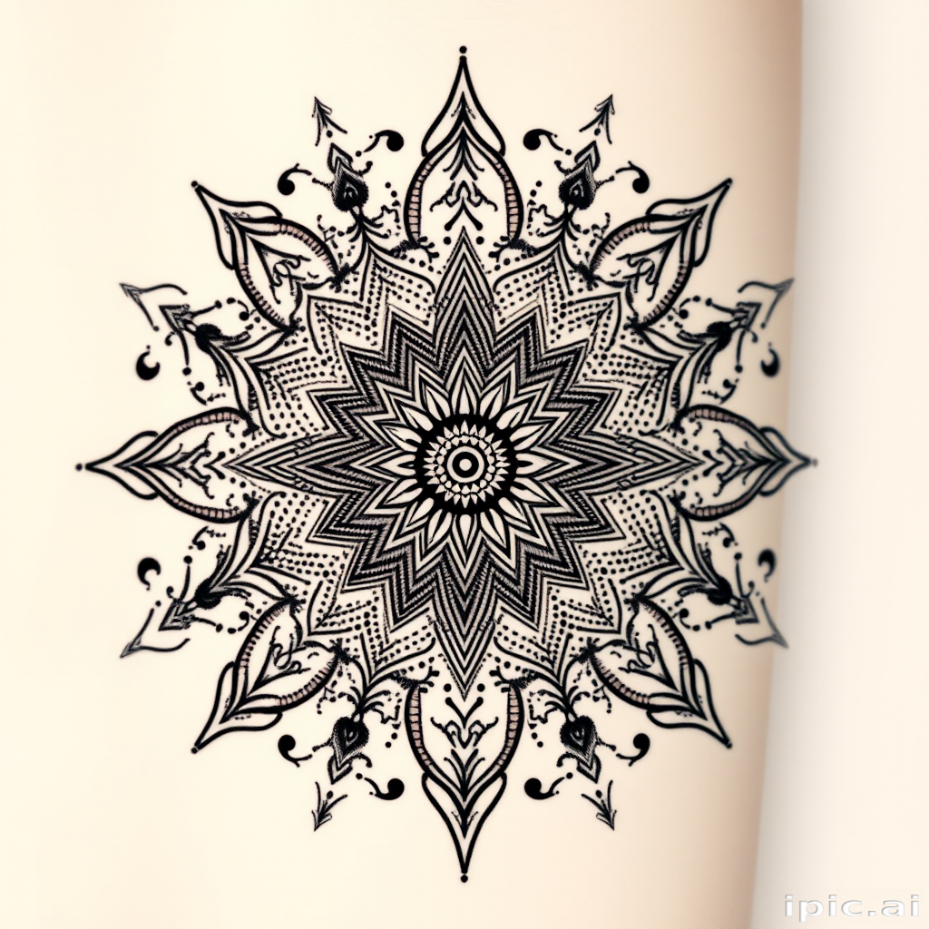 Dotwork mandala tattoo called "Cosmic Harmony" incorporating intricate patterns and sacred geometry formed entirely of tiny dots with gradual shading and symmetrical designs