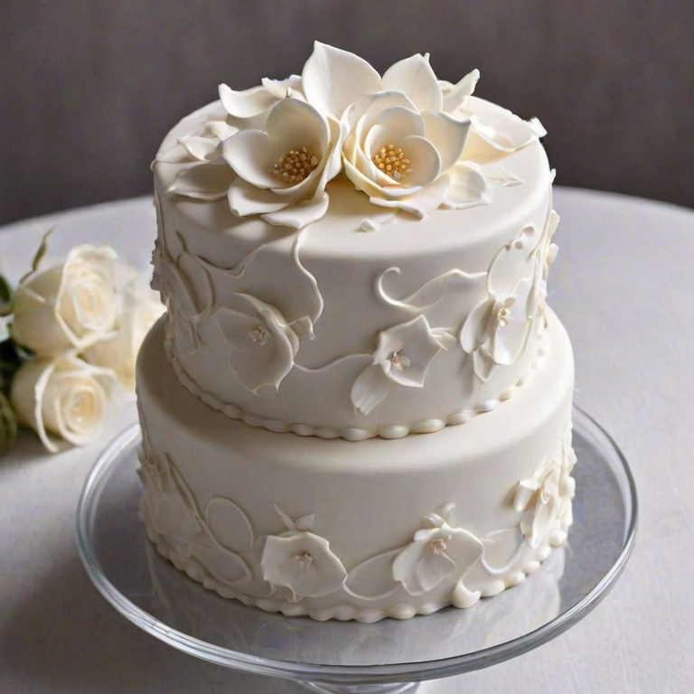 Design a two-tier wedding cake with elegant wavy white fondant. The top tier is slightly smaller and features delicate white flowers, including a large rose and smaller blossoms, cascading down one side. The cake is presented on a glass cake stand, with a soft, minimalistic background to highlight its beauty.
