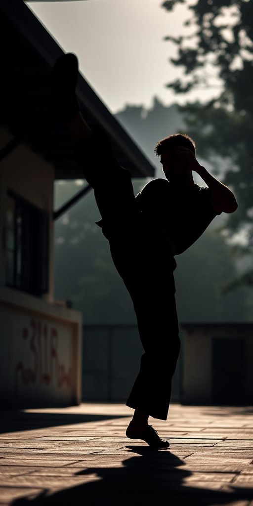 Create a high-resolution silhouette of a person performing a martial arts kick, taken with a DSLR camera at 50mm focal length, f/2.8 aperture, ISO 100, using natural lighting and a low angle view for dramatic effect.