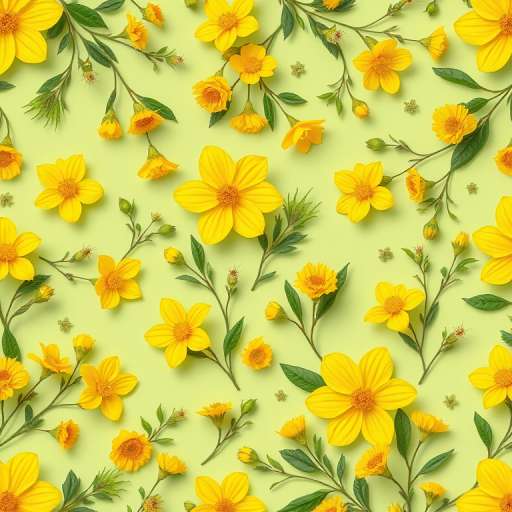 Create a vibrant floral pattern featuring yellow flowers and green foliage on a soft green background, using a Canon EOS R5 with a 50mm lens at f/2.8, ISO 100, 1/125s shutter speed, capturing in natural light for enhanced color saturation and detail.