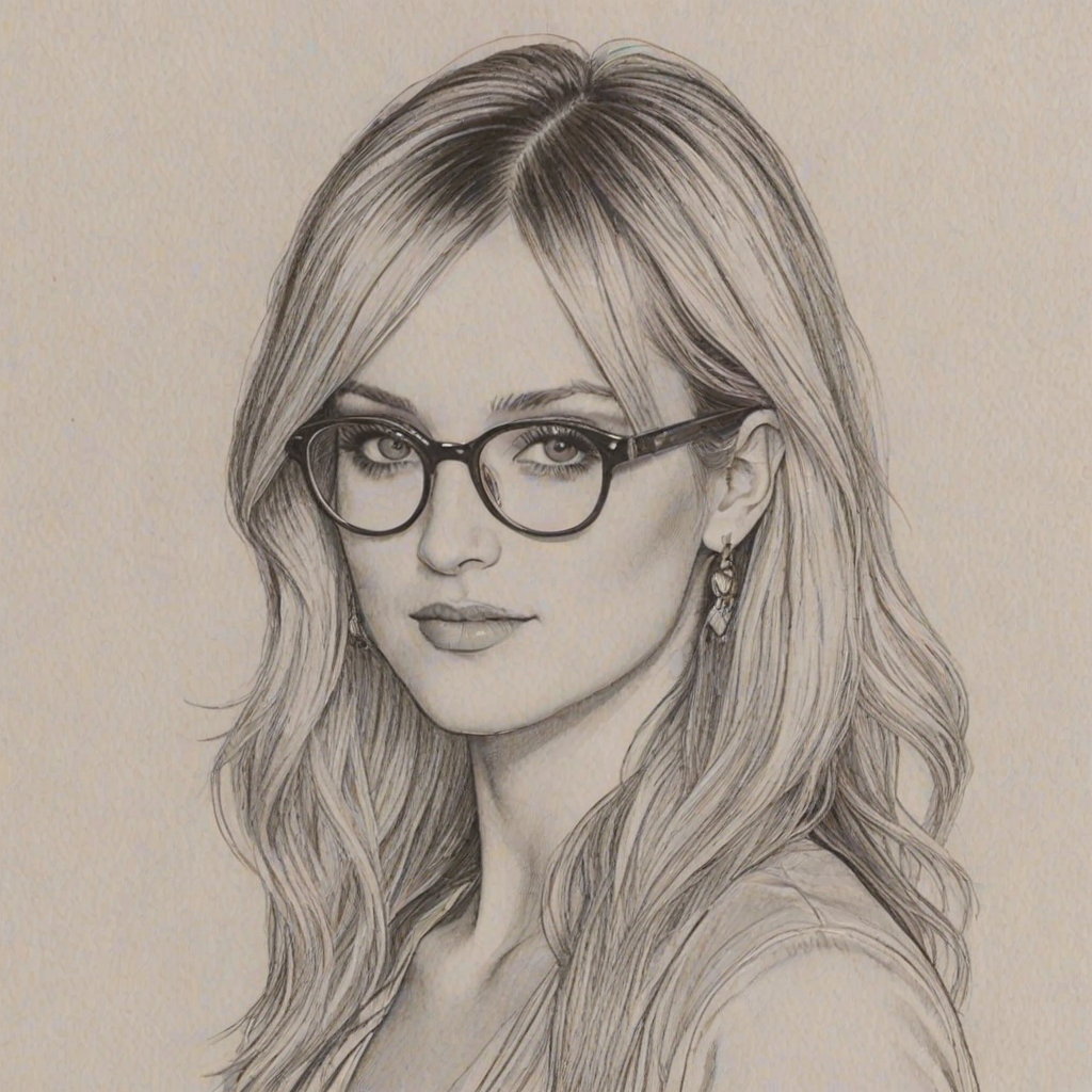 Elegant Ashlee Simpson, pencil sketch, portrait of Alluring woman 1969s in glasses, hair style beatnik, outline, clear lines, fine lines, 8k