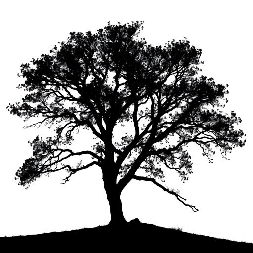 Create a highly detailed, high-contrast black silhouette of a tree standing alone on a white background, captured with a Canon EOS R5 camera, 85mm lens, aperture f/4, ISO 100, in natural light, with a slight vignette effect to enhance depth.