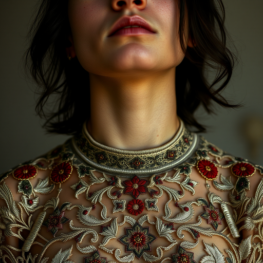 Face, shoulders, chest covered in openwork Sephardic embroidery. Raw, unedited image.