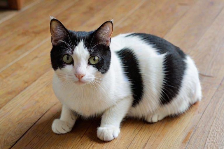 A close-up photograph of a white and black cat sitting on a wooden floor, and tail. Its face is predominantly white, covered in a green and white patterned fabric., and back. The cat has a distinctive facial expression, likely a domestic shorthair, with a slightly squinted expression