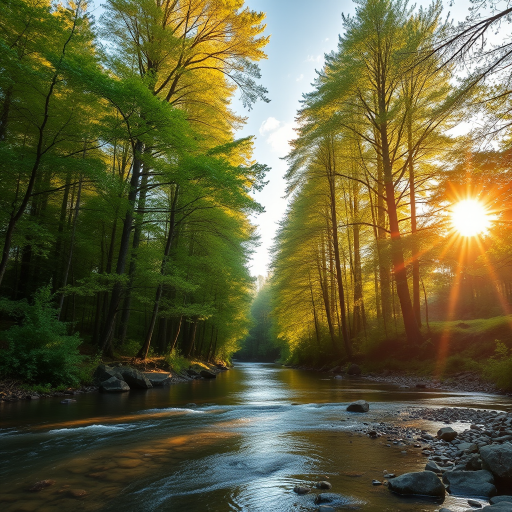 Create an image of a serene, sunlit forest scene with a clear, gently flowing river. Tall trees with lush green foliage line both sides of the river, their leaves bathed in the warm golden light of the setting or rising sun. The sunlight filters through the trees, casting soft, dappled light on the river, which flows over smooth rocks and pebbles, creating a peaceful, natural atmosphere. The sky is bright with a few scattered clouds, and the overall mood is tranquil, evoking a deep sense of connection with nature. The image captures the beauty of a calm, pristine forest landscape at either dawn or dusk.