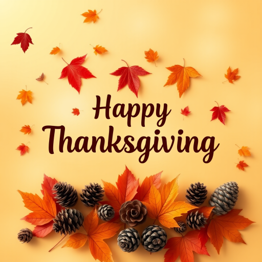 Create a warm and festive autumn-themed image with a gradient background of orange and yellow hues. Include a variety of falling leaves in shades of red, orange, and brown. In the center, display the text "Happy Thanksgiving" in a stylish and inviting font, using a dark brown color for contrast. Add subtle decorative elements like pine cones and additional leaves for a cozy, seasonal feel.