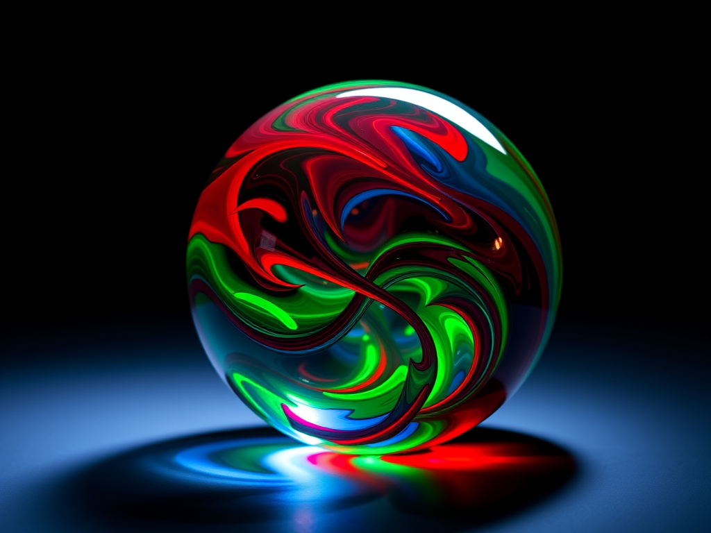 Create a vibrant abstract sphere with swirling colors of red, green, and blue against a black background, using a Canon EOS R5 with a 50mm f/1.2 lens at ISO 100, aperture f/8, and a shutter speed of 1/125s, focused on enhancing light reflections and translucency.