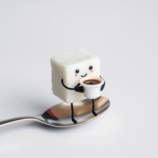 A sugar cube with a face and legs, sitting on a spoon and sipping a tiny cup of coffee.