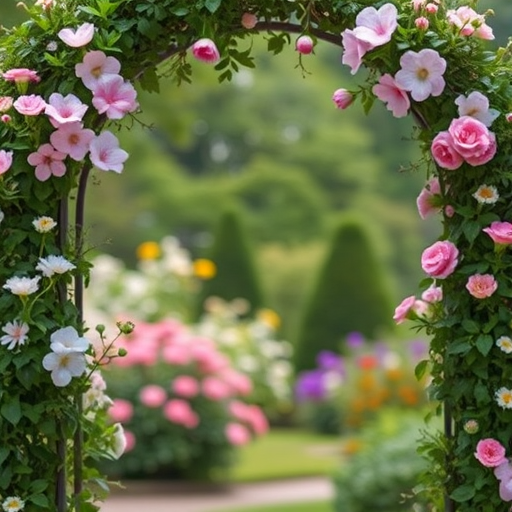 Create a highly detailed garden arch adorned with blooming flowers and lush greenery, shot with a DSLR camera at f/2.8 aperture, ISO 100, 50mm lens, in natural light, using a shallow depth of field for a soft background blur.