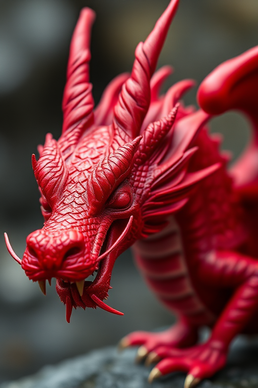 Create a high-resolution image of a stylized red dragon, using a DSLR camera with a 50mm lens, f/2.8 aperture, ISO 100, and natural lighting, capturing a close-up view with a focus on intricate details and smooth textures.