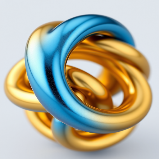 Generate a high-resolution 3D rendering of a twisted torus knot with a glossy gold and blue metallic finish, using a DSLR camera with a 50mm lens, aperture set to f/1.8, ISO 100, and a shallow depth of field to focus on the intricate surface details, shot from a slightly above angled perspective for depth.