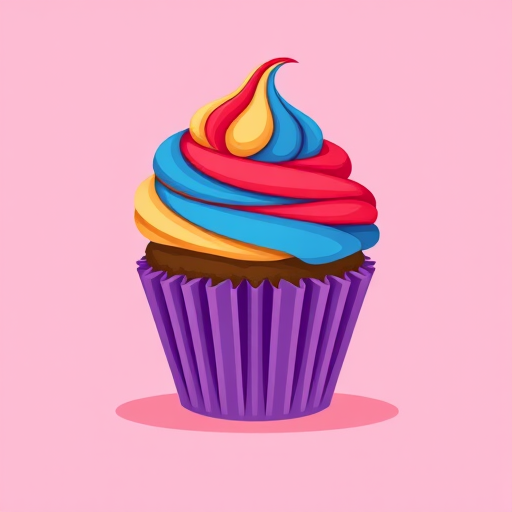 Create a vector illustration of a colorful cupcake with a purple base and swirled frosting in red, blue, and yellow against a soft pink background, using a digital drawing tablet with a 300 DPI resolution and a clean, flat design style.