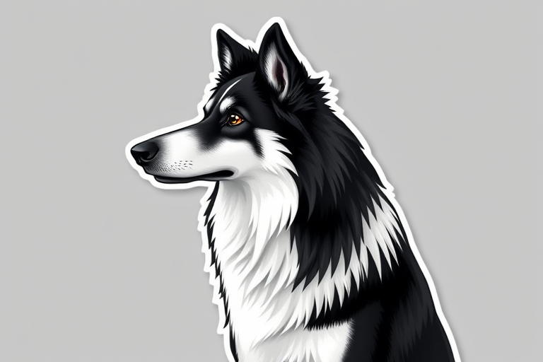 create sticker, 3D black and white caucasian shepherd dog, grey background