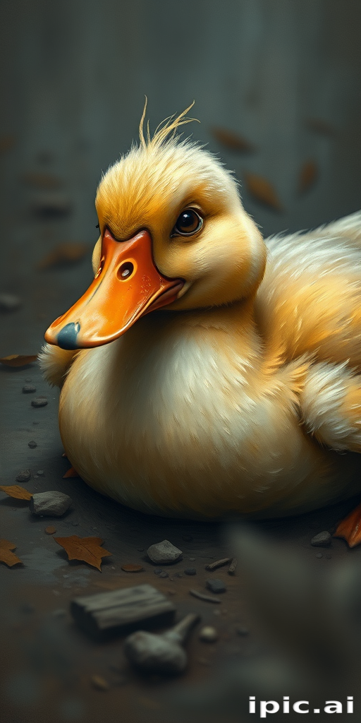 Stunning image of a cute adorable tired looking wacky duck laying flat on the ground, no emotions, moody, grainy, noisy, concept art, by Alberto Seveso, Cyril Rolando, Dan Mumford, Meaningful Visual Art, Detailed Painting, Digital Illustration,