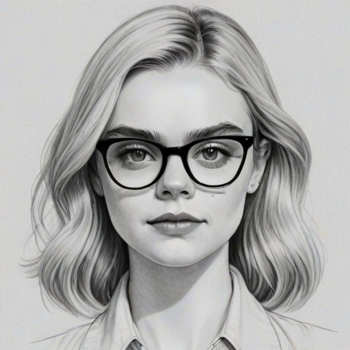 Sublime Elle Fanning, pencil sketch, portrait of Attractive woman 1943s in glasses, hair style beatnik, outline, clear lines, fine lines, 8k