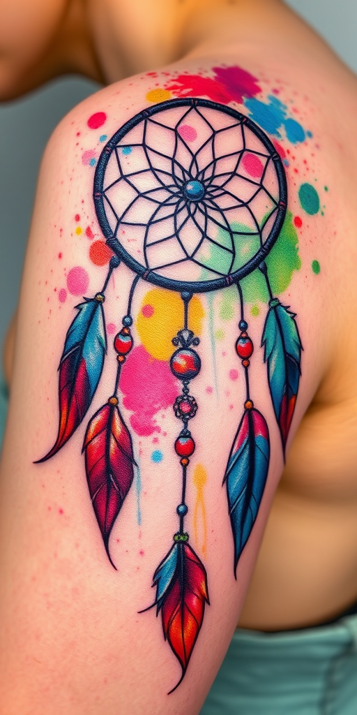 Abstract watercolor tattoo of a dreamcatcher on the shoulder, with splashes of vibrant colors blending seamlessly into feathers and beads