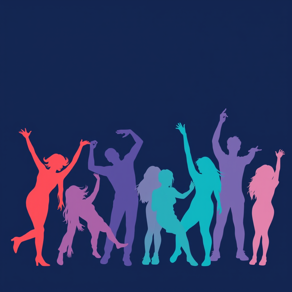Create a high-resolution vector illustration of diverse silhouettes of people in playful poses, using vibrant colors like coral, lavender, and teal against a deep navy background, with a sharp focus and smooth gradients, shot with a DSLR camera at f/2.8, ISO 100, 1/125s, in a close-up view.