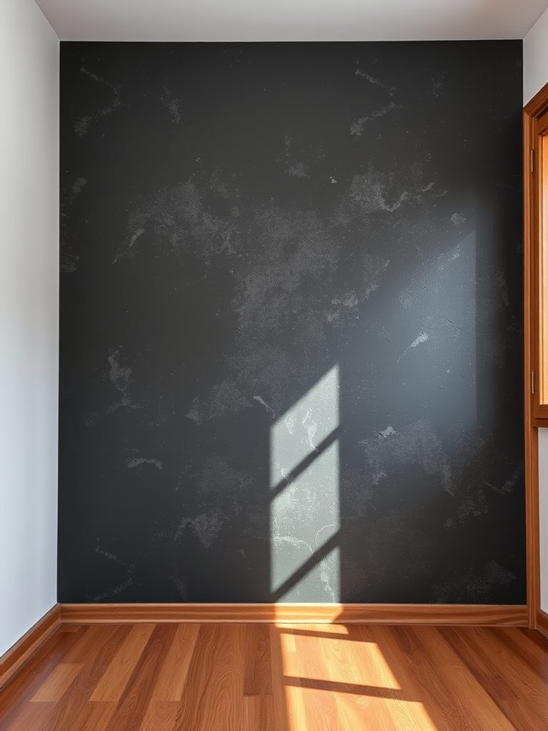 Create an interior scene featuring a textured dark wall with subtle variations and a wooden floor, captured with a DSLR camera at ISO 100, aperture f/8, shutter speed 1/60s, taken from a low angle perspective in natural light, with a focus on depth and detail.