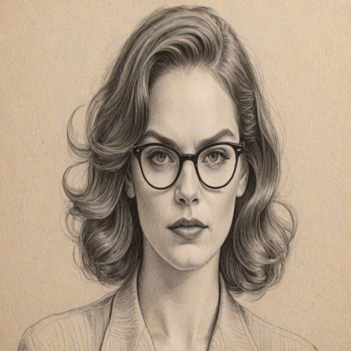 Bewitching Ruth Wilson, pencil sketch, portrait of Enticing woman 1941s in glasses, hair style beatnik, outline, clear lines, fine lines, 8k