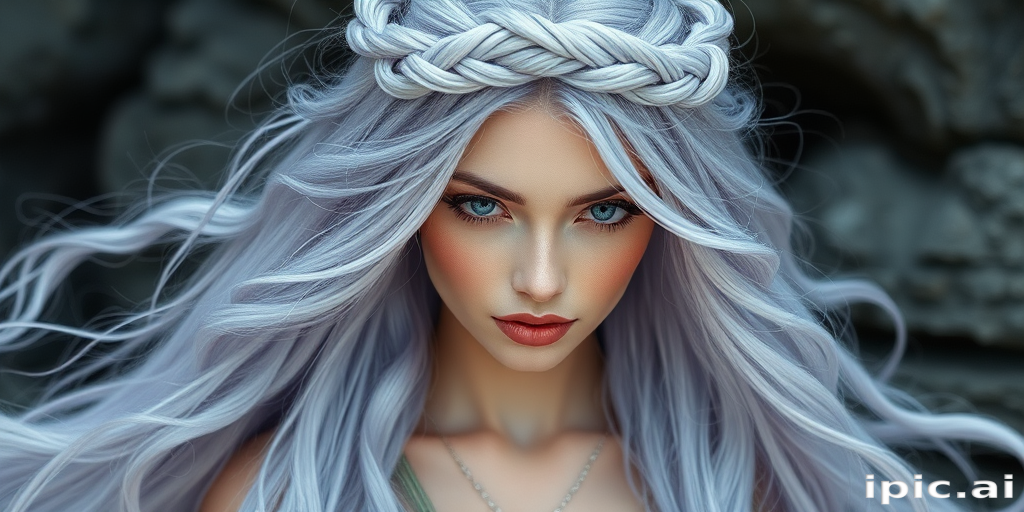 Mesmerizing silver-haired goddess with long, mermaid-like tresses, featuring subtle lavender highlights and intricate braided crown
