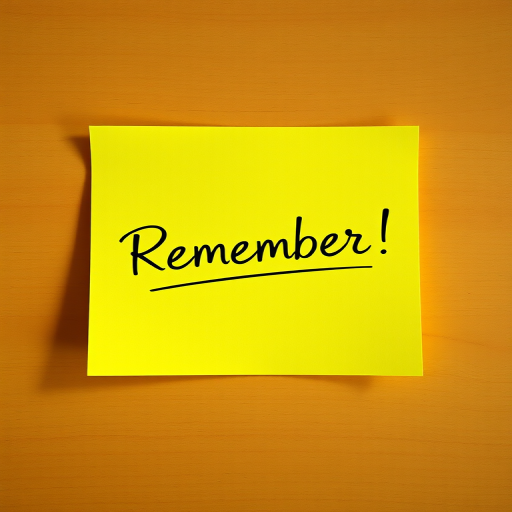 Create a vibrant, high-resolution image of a yellow sticky note with the word "Remember!!" written in elegant cursive, using a Canon EOS R5 camera with a 50mm lens, aperture set to f/2.8, ISO 100, and soft natural lighting, captured from a top-down perspective to enhance clarity and detail.
