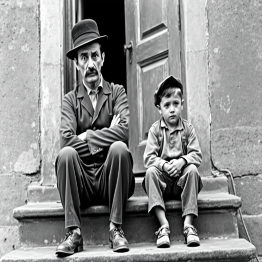 A black-and-white photograph of a man and a child sitting on steps in front of a doorway. The man is dressed as a tramp with a bowler hat, mustache, and ragged clothes, reminiscent of Charlie Chaplin's iconic look. He is sitting with his arms crossed and an expression of slight sadness or frustration. Next to him is a young boy, also in worn clothes and a cap, sitting with his hands clasped, looking thoughtful. The background is an old, textured wall and a partially open door, creating a vintage, early 20th-century atmosphere.