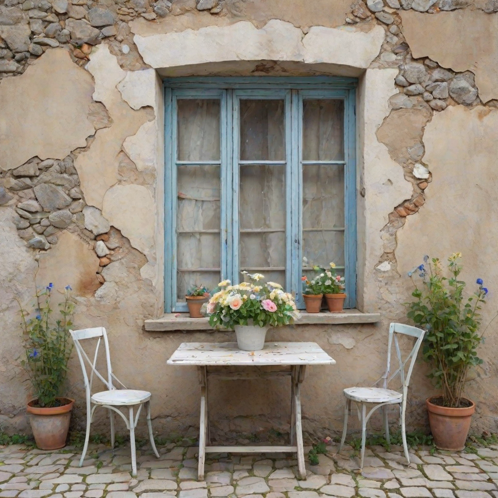 Create an amazing realistic watercolor image, The background is a crumbling wall beige and pale blue with the old wooden window. front of the wall has an old white table with two chairs. The soil is stones. Both of side of the image amazing flowers visible.