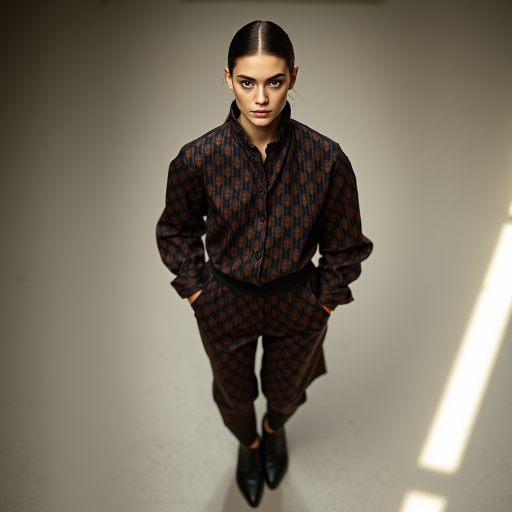 Capture the model from a high angle, emphasizing the outfit’s pattern and silhouette. Use a 35mm prime lens to maintain sharpness and minimize distortion