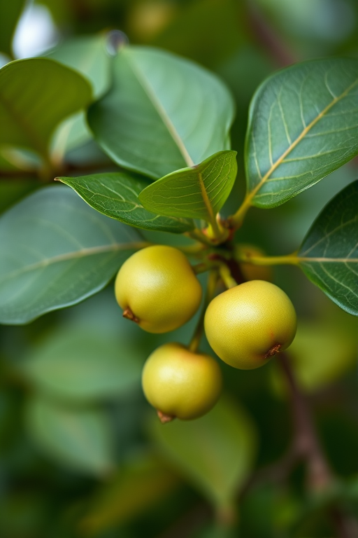 Capture a close-up shot of the leaves and fruits of a curry leaf tree, focus on the small, round, green fruits with a slight blush of red, using a Nikon D850 camera, 50mm lens, aperture f/2.8, ISO 100, natural lighting, with a shallow depth of field to create a soft bokeh effect in the background.