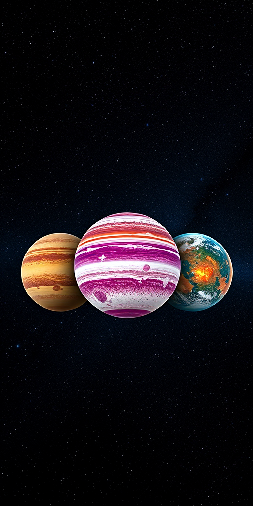 Create a cosmic scene featuring three colorful planets in alignment against a starry background, with a focus on intricate textures and deep space details, taken with a DSLR camera at F/2.8, ISO 100, 24mm lens, in a high dynamic range style.
