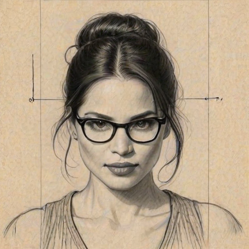 Bewitching Katrina Law, pencil sketch, portrait of Fetching woman 1922s in glasses, hair style beatnik, outline, clear lines, fine lines, 8k