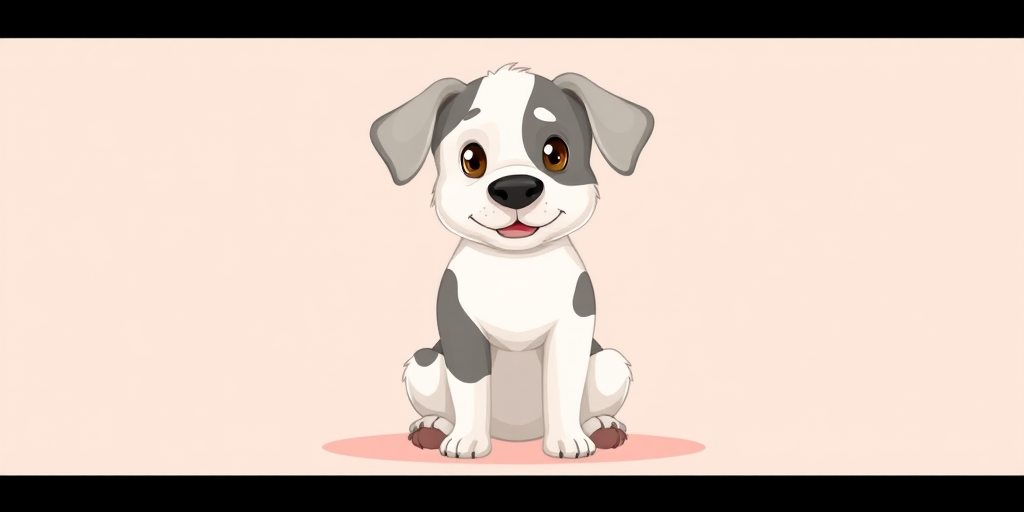 Generate a cartoon-style illustration of a sitting dog with a white body and gray patches, using a soft pastel background; camera settings: ISO 100, f/2.8, shutter speed 1/60; camera view: frontal close-up; camera style: flat lay; camera type: digital illustration.