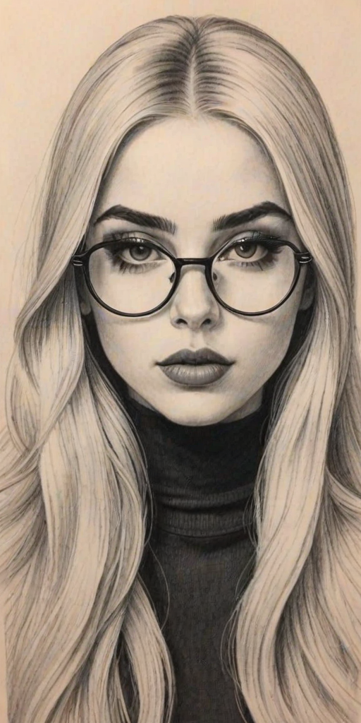 Delightful Ava Max, pencil sketch, portrait of Bewitching woman 1960s in glasses, hair style beatnik, outline, clear lines, fine lines, 8k