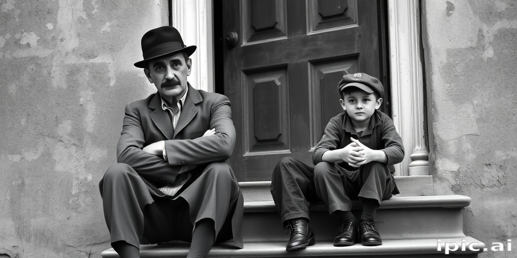 A black-and-white photograph of a man and a child sitting on steps in front of a doorway. The man is dressed as a tramp with a bowler hat, mustache, and ragged clothes, reminiscent of Charlie Chaplin's iconic look. He is sitting with his arms crossed and an expression of slight sadness or frustration. Next to him is a young boy, also in worn clothes and a cap, sitting with his hands clasped, looking thoughtful. The background is an old, textured wall and a partially open door, creating a vintage, early 20th-century atmosphere.