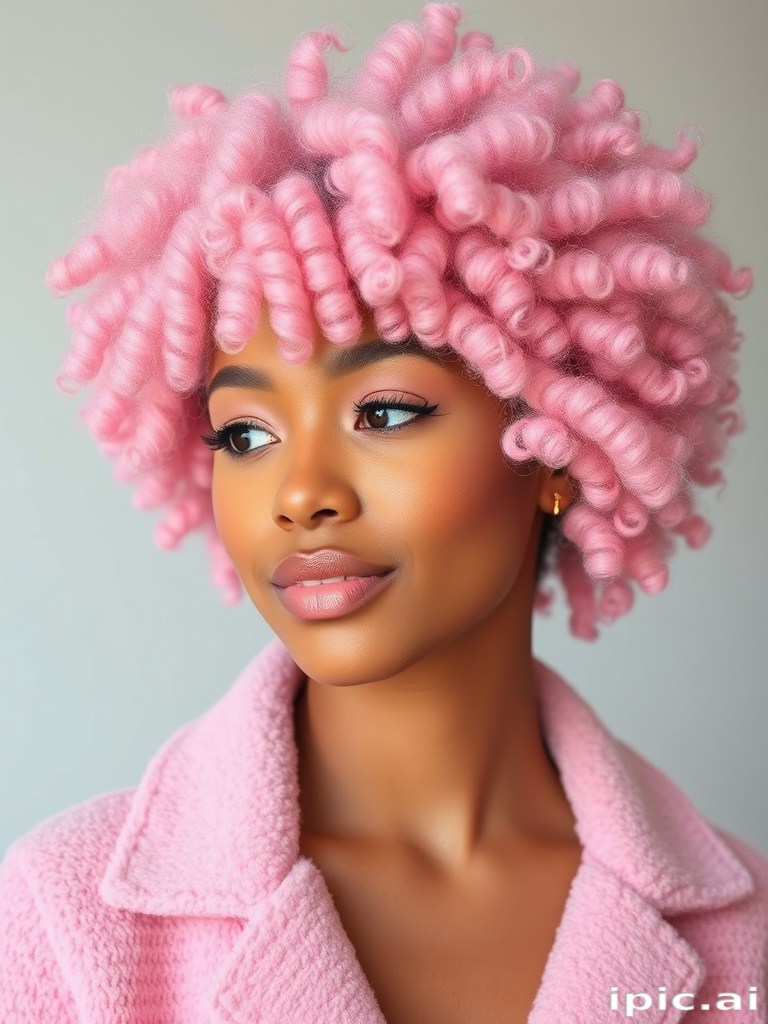 Dreamy cotton candy pink afro with perfectly defined coils and a subtle gradient effect, creating a soft and fluffy cloud-like appearance