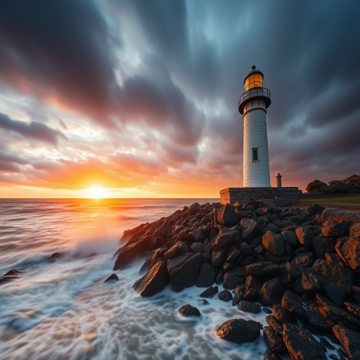 Lighthouse on rocky shore during stormy weather, sunset lighting, long exposure to capture motion of waves, ISO 100, f/8 aperture, 24mm lens, wide-angle view, drone photography style, high dynamic range imaging.