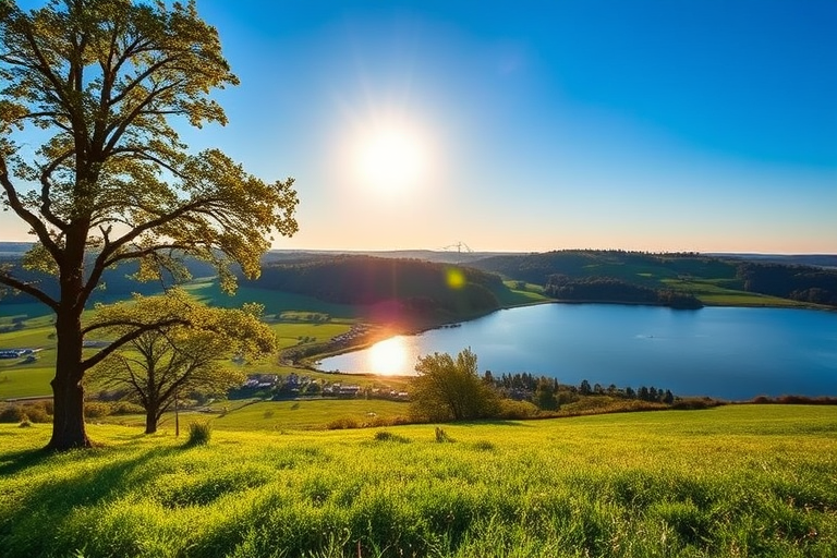 Generate a high-resolution image of a serene landscape with a clear blue sky, lush green fields, and a tranquil lake under golden sunlight, taken with a Canon EOS R5, 50mm lens, aperture f/1.8, ISO 100, shot from a low angle to emphasize the foreground.
