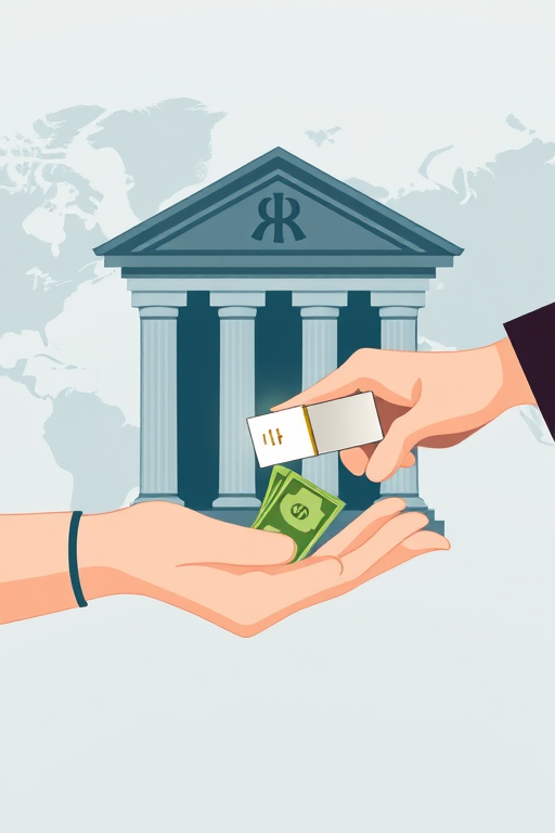 Create an illustration of a bank building and a hand receiving cash, with a USB plug connecting them, set against a world map background, captured with a DSLR camera at f/4.0 aperture, ISO 100, and a 50mm lens for sharp detail.