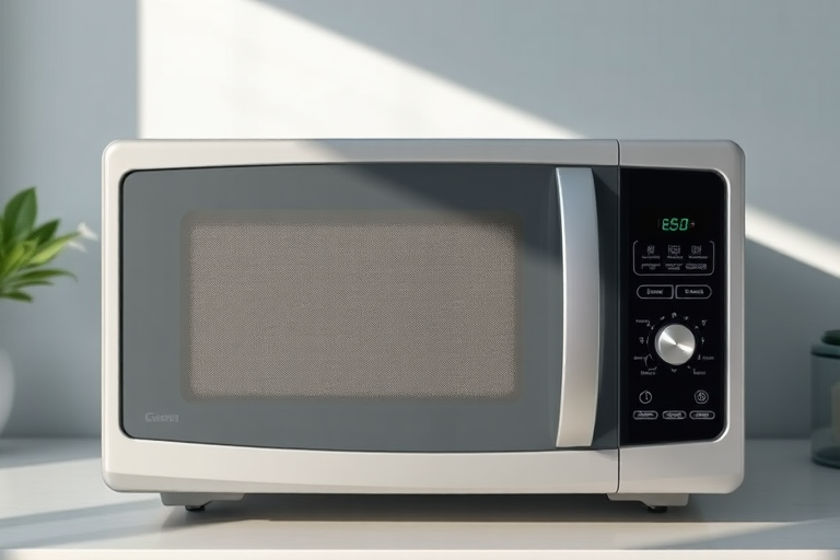 Create a high-resolution image of a modern microwave oven with a sleek design, taken from a front view using a DSLR camera with a 50mm lens, aperture set to f/4, ISO 200, and soft natural lighting.