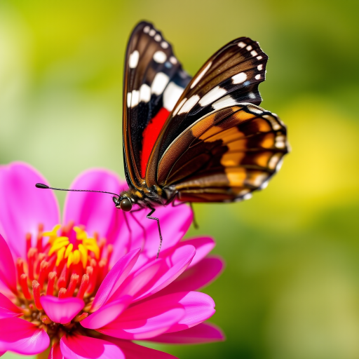 Capture a close-up of a butterfly perched on a vibrant pink flower with a shallow depth of field, using a DSLR camera with a 100mm macro lens, aperture set to f/2.8, ISO 200, shutter speed 1/250s, natural lighting, and a soft focus background.