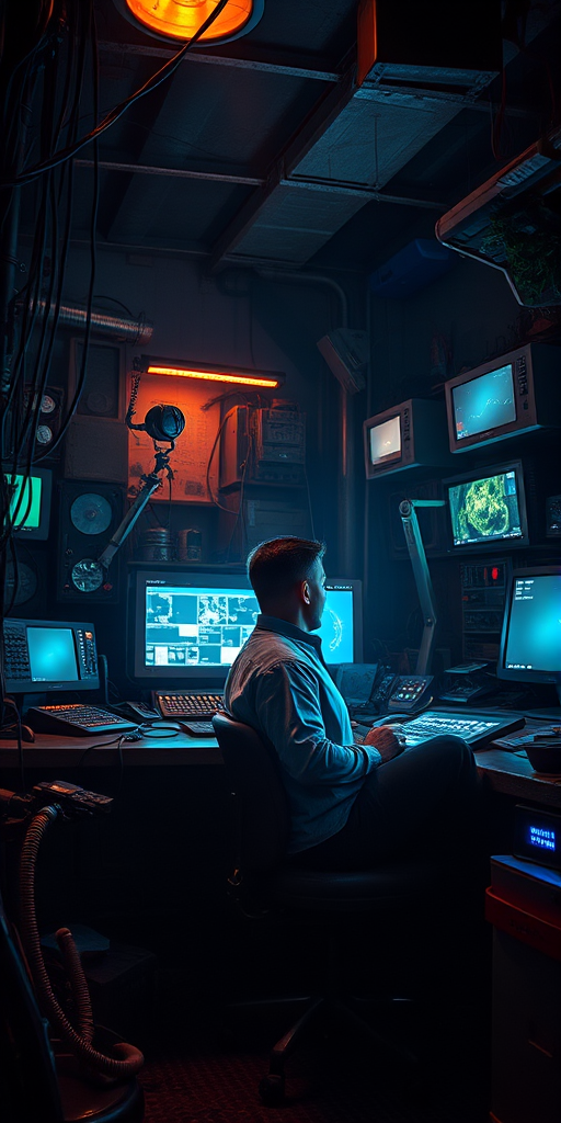 Regenerate a dimly lit cyberpunk scene with a man sitting at a futuristic control panel, deep in thought, surrounded by a cluttered workshop filled with tech gadgets and glowing screens, using a DSLR camera with a 50mm lens, aperture f/1.8, ISO 400, and a low-angle perspective to capture dramatic lighting and rich details.