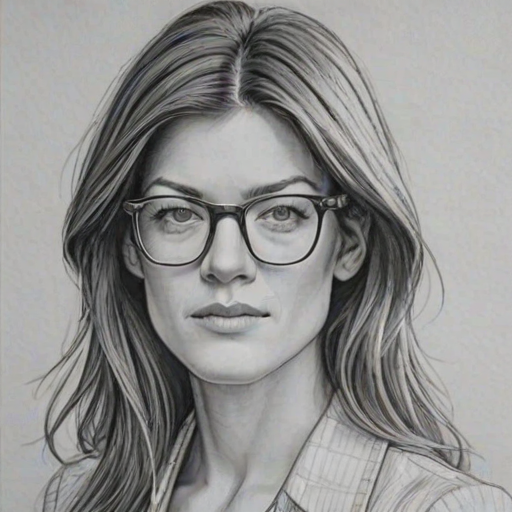 Delightful Jennifer Carpenter, pencil sketch, portrait of Dazzling woman 1979s in glasses, hair style beatnik, outline, clear lines, fine lines, 8k