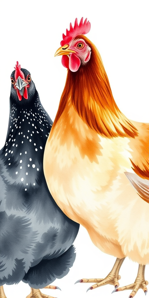 Create a detailed watercolor illustration of two chickens, one black with speckles and one brown, standing side by side, captured in a soft natural light with a shallow depth of field, using a full-frame DSLR camera at f/2.8, ISO 200, shutter speed 1/125s, in a studio setting for enhanced clarity and color vibrancy.