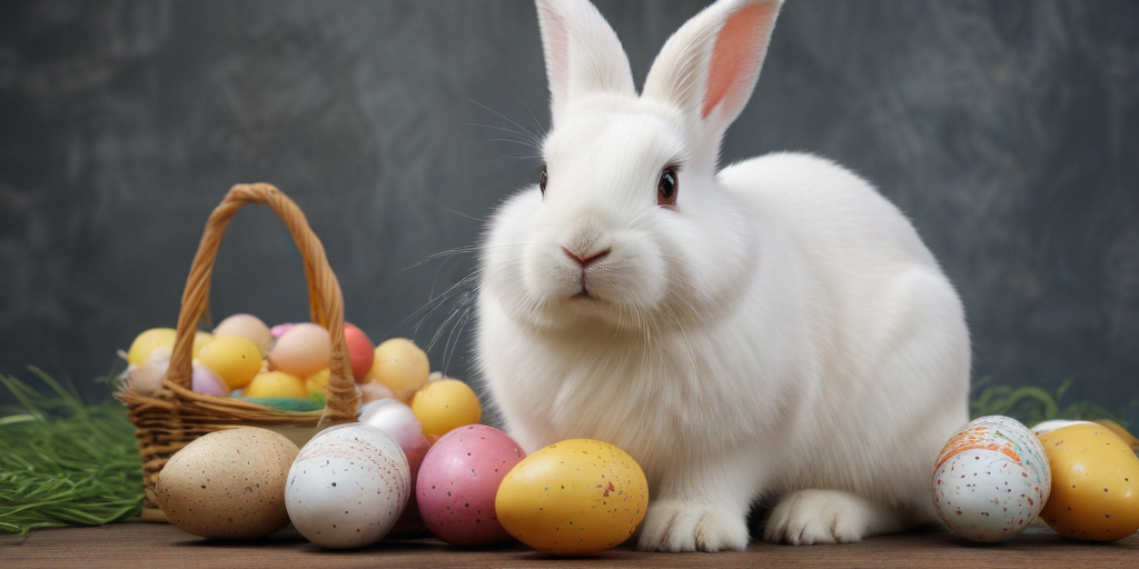 A Cute White Bunny Surrounded by Colorful Easter Eggs and Decorations.