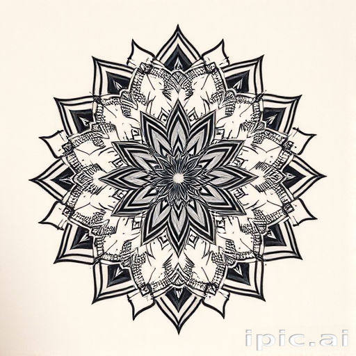 Dotwork mandala tattoo with intricate geometric patterns radiating from a central point, utilizing thousands of tiny dots to create gradients and intricate details for a mesmerizing optical illusion effect