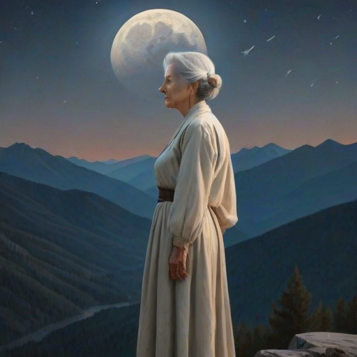 Create a serene night scene with a thoughtful older woman gazing at a full moon over mountains, dressed in elegant, flowing attire, capturing a sense of nostalgia and tranquility.