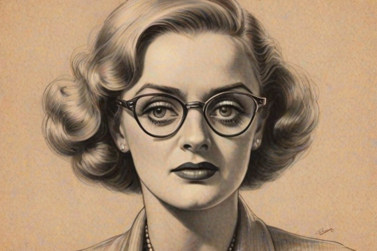 Fetching Bette Davis, pencil sketch, portrait of Magnificent woman 1921s in glasses, hair style beatnik, outline, clear lines, fine lines, 8k