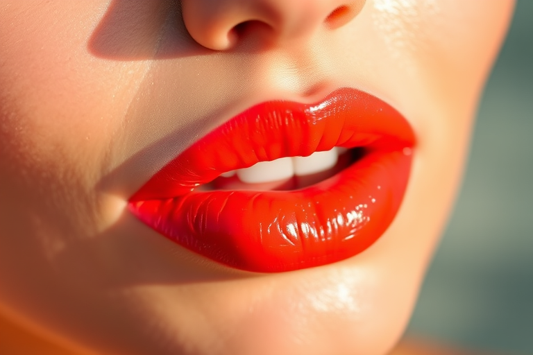 Vibrant coral sunset lip stain "Tropical Breeze" featuring a glossy finish and subtle shimmer, perfect for summer evenings and beach parties, long-lasting and hydrating formula
