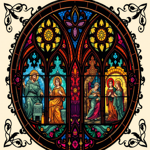 Ornate "Stained Glass Mosaic" tattoo design inspired by Gothic cathedral windows, featuring intricate patterns and religious or mythological scenes composed of vibrant, jewel-toned shapes outlined in bold black lines, creating a luminous and richly detailed tattoo that appears to glow from within, ideal for those who appreciate traditional craftsmanship and symbolism